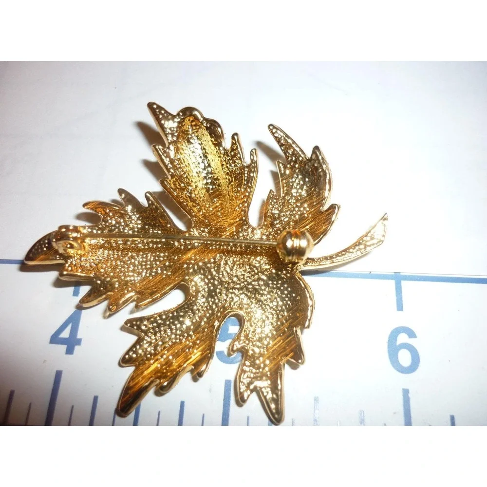 Gold Tone Red‎ Enamel Maple Leaf Brooch with Rhinestone Bee Accent Fall Pin